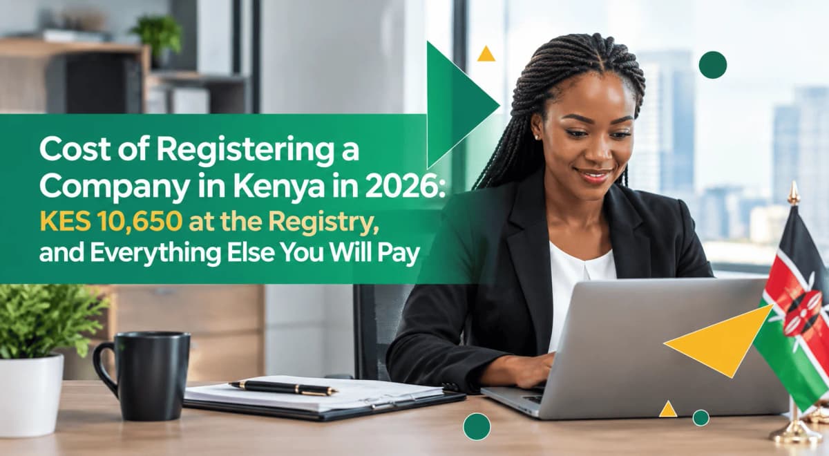 Kenyan businesswoman working on a laptop in an office, illustrating the cost of registering a company in Kenya in 2026.