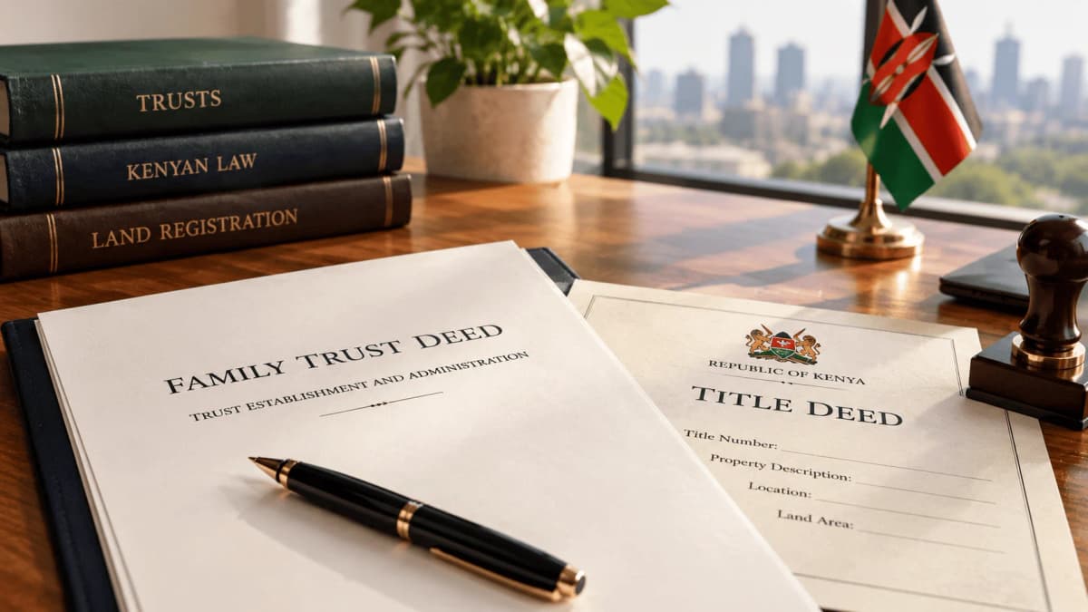A family trust deed and a Kenyan title deed on a desk, illustrating registration of trusts under Kenya’s Trust Administration Act 2026